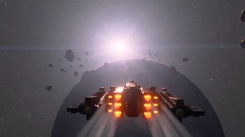 Stendarr cruising as a star comes into view over a planet.