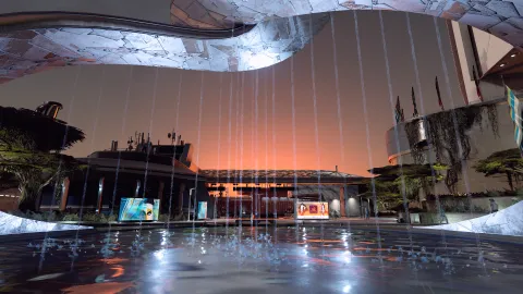 Sunrise through the fountain as you enter New Atlantis.