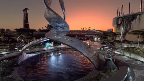 Sunrise over the starport at New Atlantis.