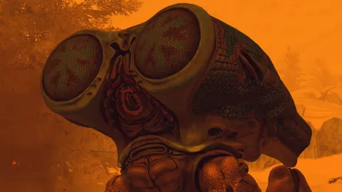 A hostile Herding Crabfly Grazer spotted on Decaran I. The immersive star colours mod had bathed the landscape in orange.