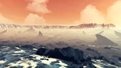 Testing the Volcanic Glacial Plateau mod on Al-Battani III. You essentially land inside a basin encased in steep cliffs forming a surrounding plateau.