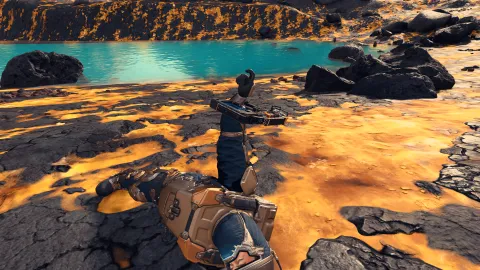 Testing the Vibrant Volcanic biome overhaul mod and some Ecliptic appeared (thanks to Waylayer). Found this guy's death pose interesting with the gun stuck on his wrist.