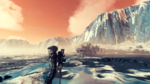 Testing the Volcanic Glacial Plateau mod on Al-Battani III. You essentially land inside a basin encased in steep cliffs forming a surrounding plateau.